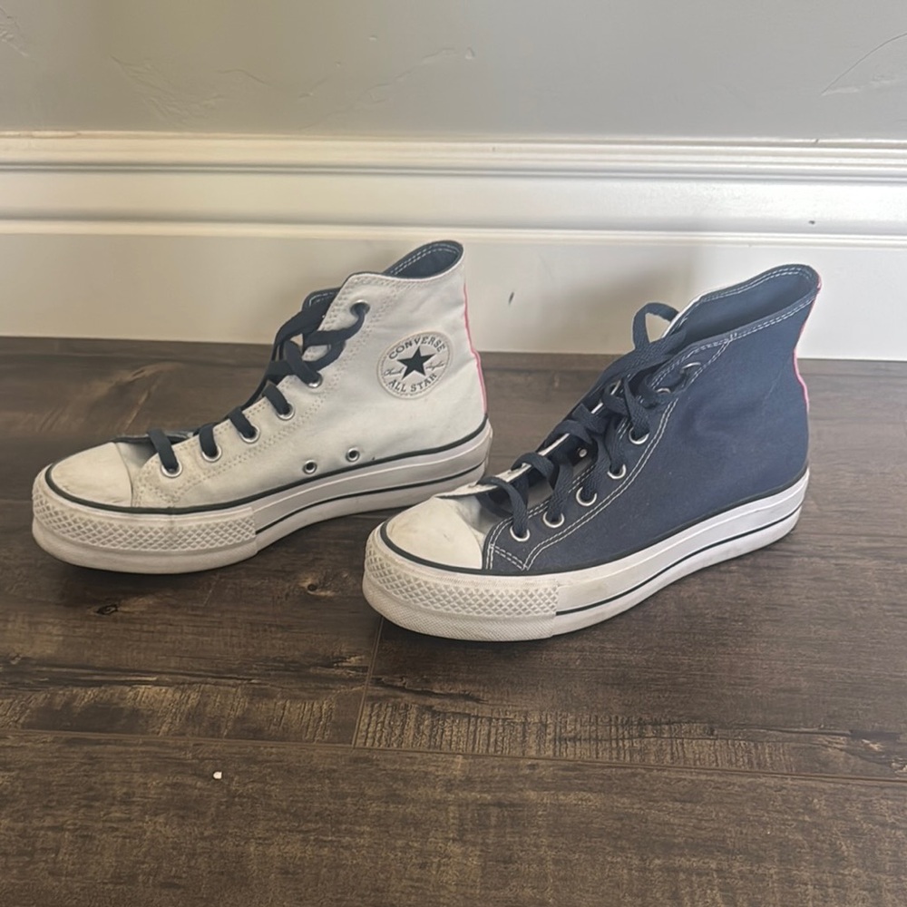 Converse High-Tops in White, Dark Blue, and Pink